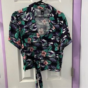 Tropical Print Front Tie Shirt